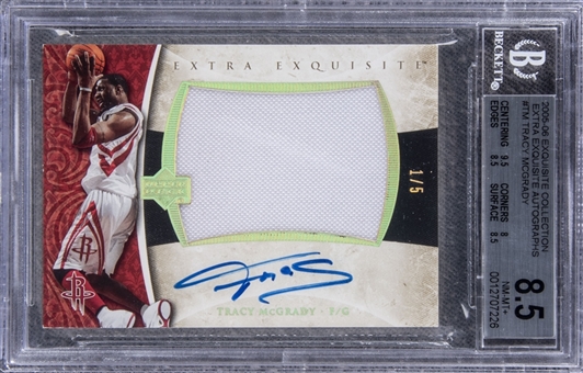 2005-06 UD "Exquisite Collection" Extra Exquisite Autographs #TM Tracy McGrady Signed Game Used Patch Card (#1/5) - BGS NM-MT+ 8.5/BGS 9
